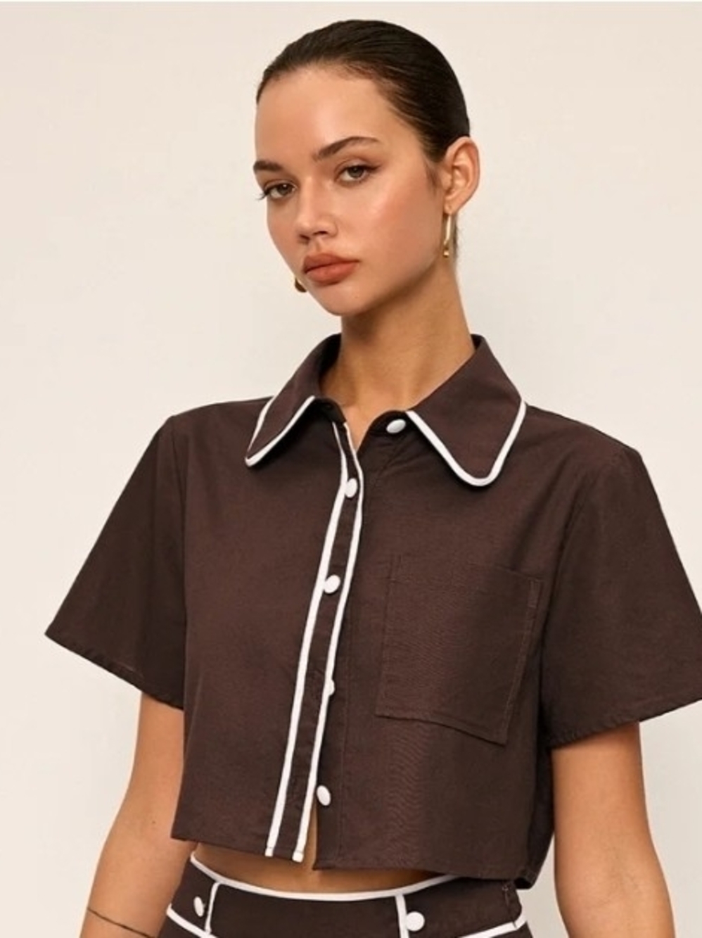 NWT Commense Brown Cropped Linen Feel Top with White Piping & Buttons Down Sz XS